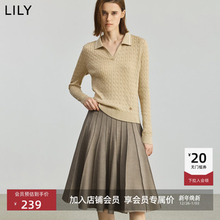 LILY2025新款含羊毛简约气质POLO领休闲通勤浅驼色长袖针织衫女