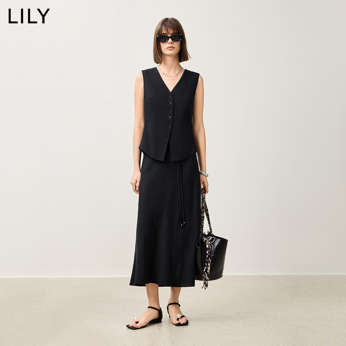 【LILY时光小黑裙】商场同款2025春新款女装醋酸绵羊毛马甲连