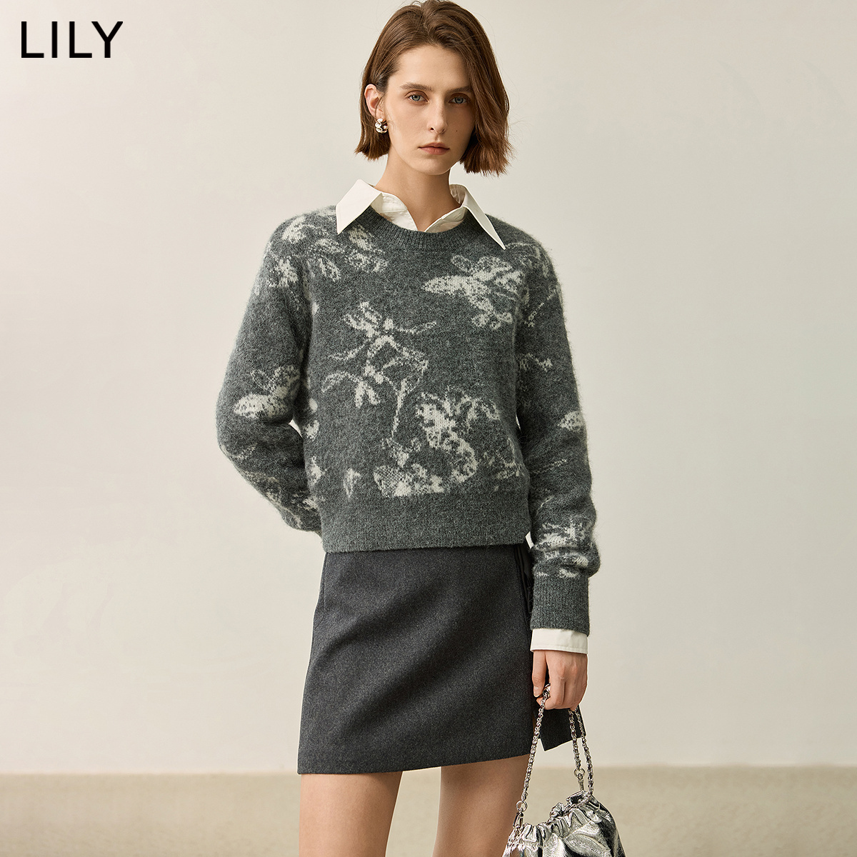 【商场同款】LILY2024冬新款女装羊驼混纺新中式提花针织衫毛衣女