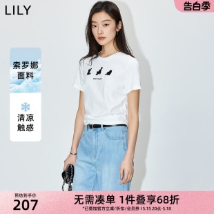 百搭美式 小猫白色T恤女 修身 LILY2024夏季 新款 凉感呼吸Tee 短袖