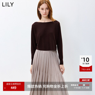LILY2026秋新款女装复古一字肩蝙蝠袖宽松休闲通勤深色套头针织衫