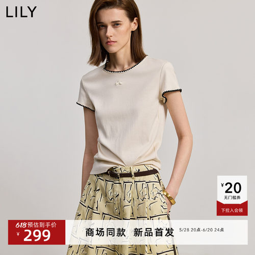 【商场同款】LILY2025夏新款女装全棉撞色贝壳绣休闲正肩短袖T恤