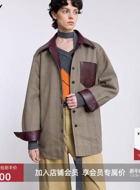 【两面穿】商场同款LILY2025新款女装含羊毛格纹PU皮衬衫式外套