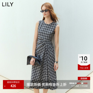 LILY2026夏新款复古设计感黑白格纹无袖圆领褶皱收腰背心连衣裙女