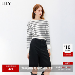 LILY2026秋新款莱赛尔混纺复古撞色条纹宽松通勤长袖套头针织衫女