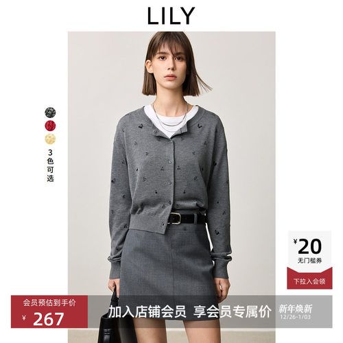 【商场同款】LILY2025新款女装亮片绣花刺绣圆领针织开衫外套女