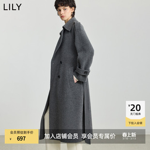 100%羊毛LILY2025冬新款女装格雷系气质通勤腰带毛呢大衣外套长款