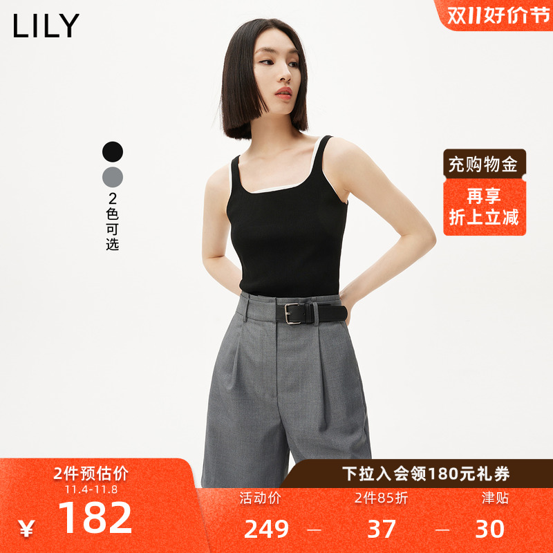 LILY2023夏新款女装时尚设计感假两件方领修身针织背心内搭打底衫