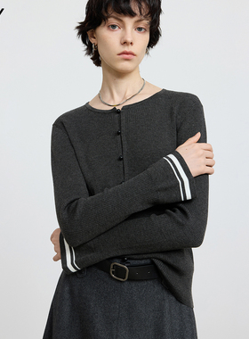 LILY2025冬新款含羊毛格雷系圆领撞色拼接条纹喇叭袖灰色针织衫女