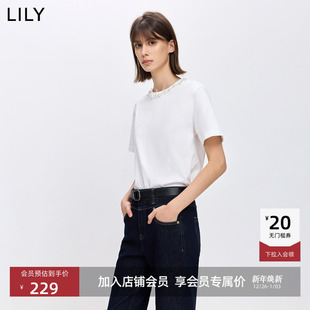 T恤内搭上衣 纯棉简约钉珠圆领休闲米白色短袖 LILY2026春新款 女装