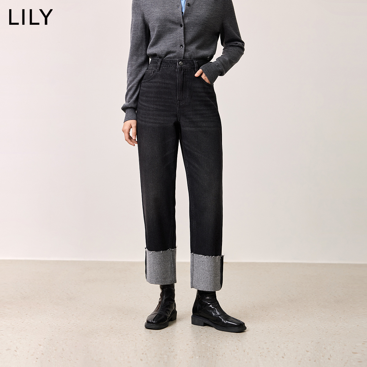 【商场同款】LILY2024冬新款女装天丝棉百搭翻折脚口直筒裤牛仔裤