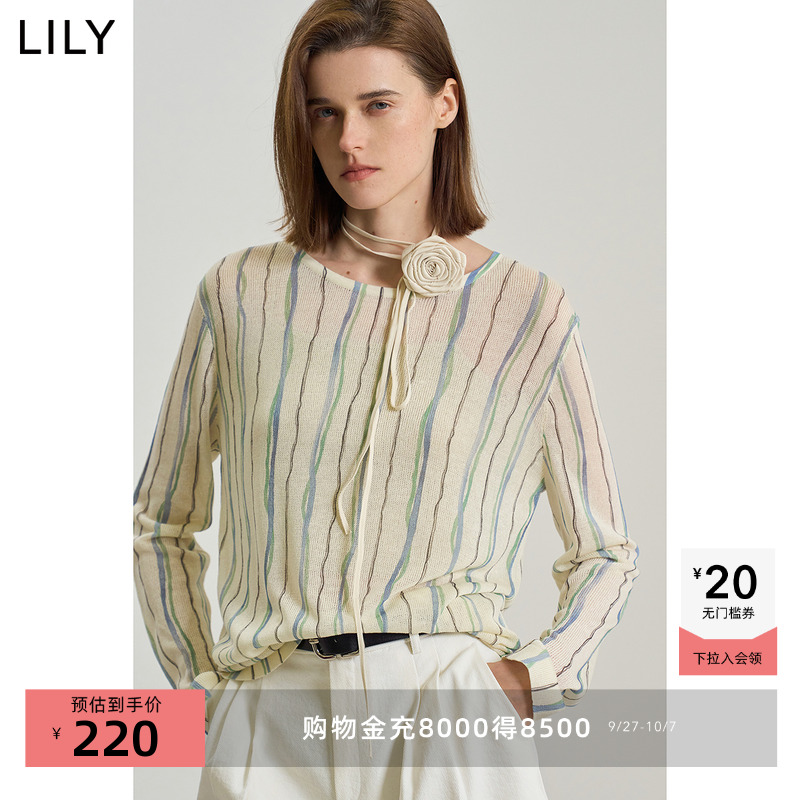LILY2025新款女装含莱赛尔亚麻不规则条纹轻薄罩衫套头针织衫