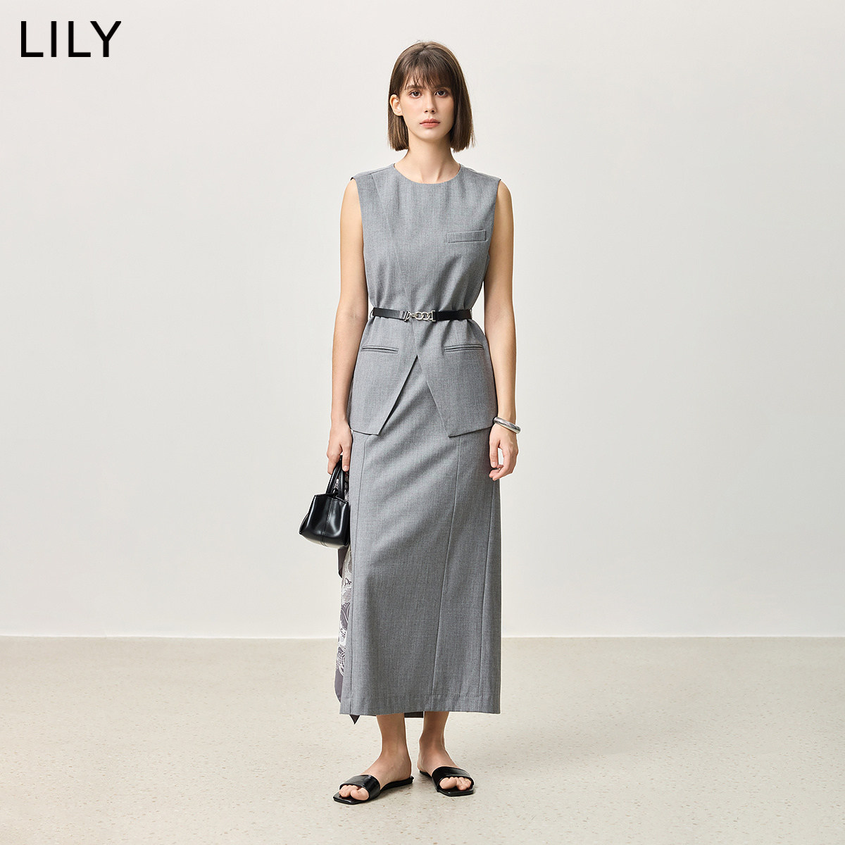 【商场同款】LILY2025春新款女装格雷系通勤圆领背心半身裙套