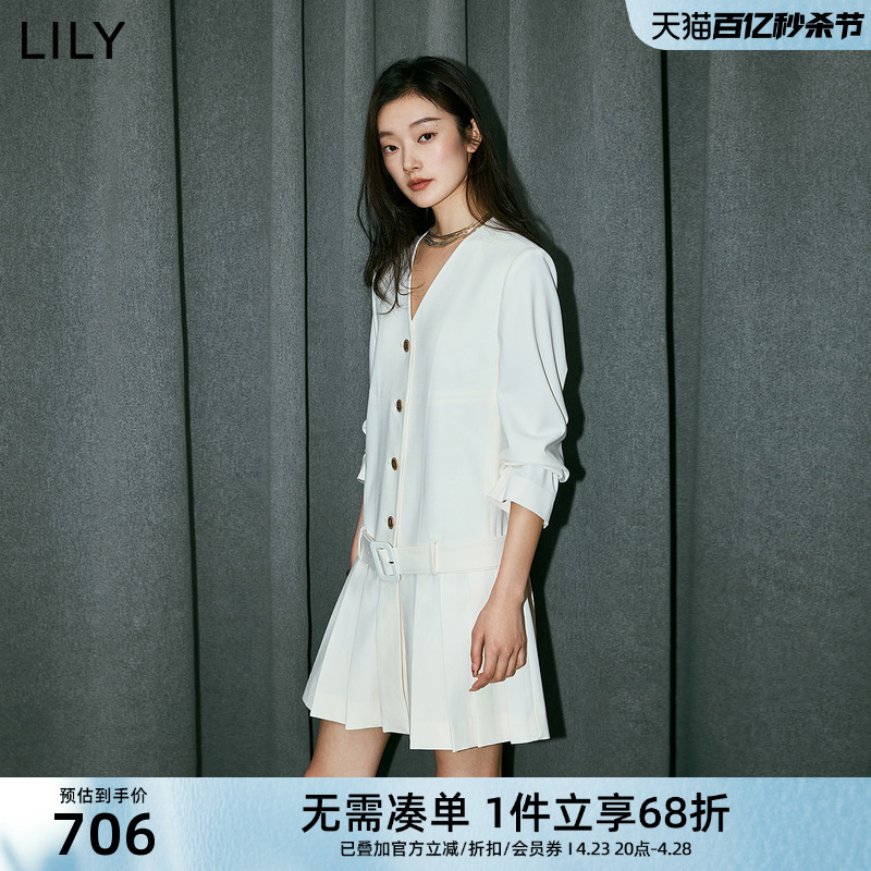 LILY2024夏新款女装复古气质通勤款学院风百褶九分袖西装式连衣裙