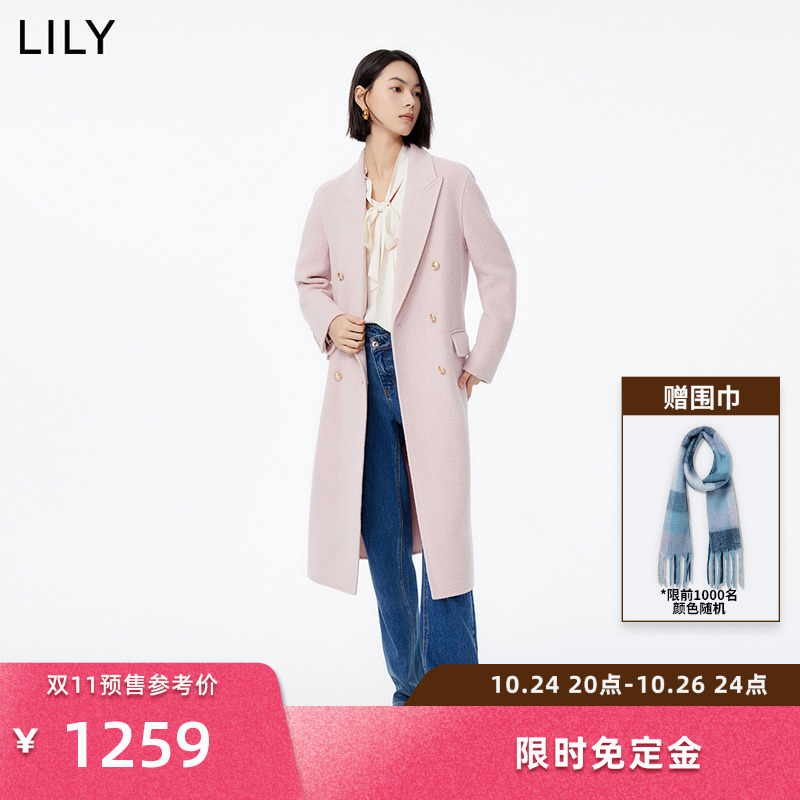 【天猫预售】LILY2023冬新款女装绵羊毛复古气质长款毛呢外套大衣