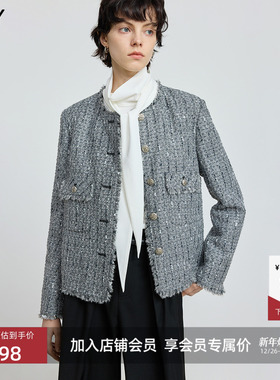 LILY2025冬新款含羊毛格雷系小香风粗花呢气质通勤灰色外套女短款