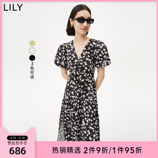 优雅浪漫印花慵懒泡泡袖 气质时尚 女装 LILY2023夏新款 V领连衣裙女