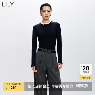 LILY2026春新款 t恤女 莱赛尔羊毛混纺假两件撞色拼接休闲打底长袖