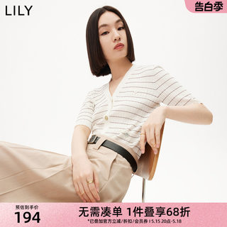 LILY夏新款女装气质通勤优雅V领复古条纹修身针织开衫打底衫