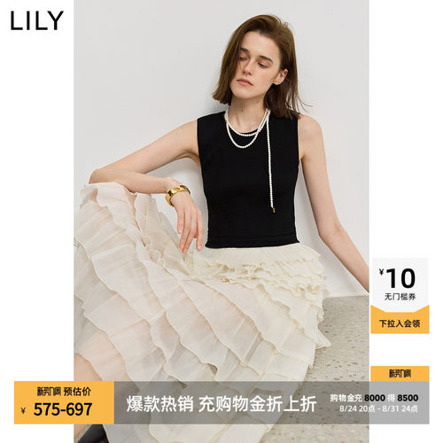 LILY通勤拼接复古收腰无袖连衣裙