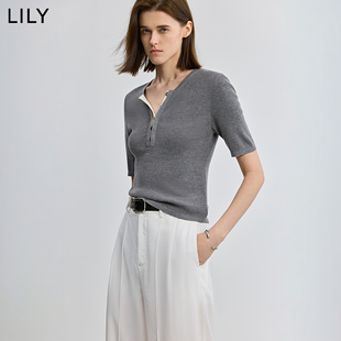 针织衫 LILY2026新款 小上衣轻薄灰色短袖 显瘦通勤短款 女装 修身