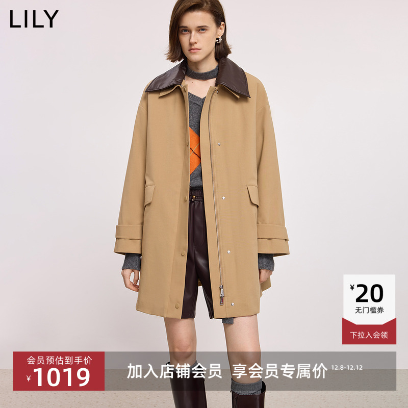 LILY撞色中长款翻领羽绒服外套