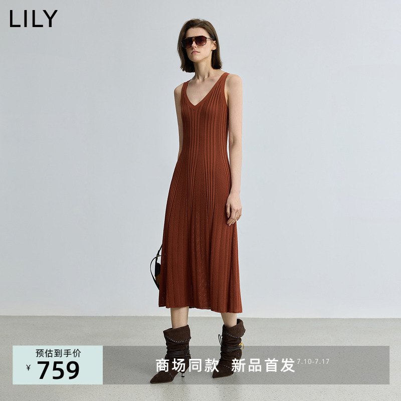【商场同款】LILY2025秋新款复古修身收腰V领无袖吊带裙连衣裙女