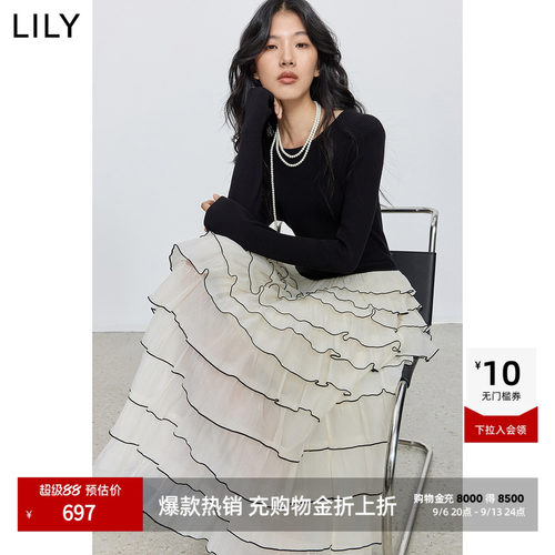 LILY通勤网纱高腰法式连衣裙