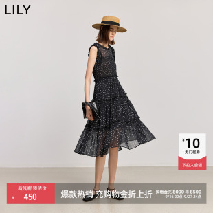 LILY2026夏新款法式复古碎花轻薄花边无袖高腰显瘦连衣裙小黑裙女