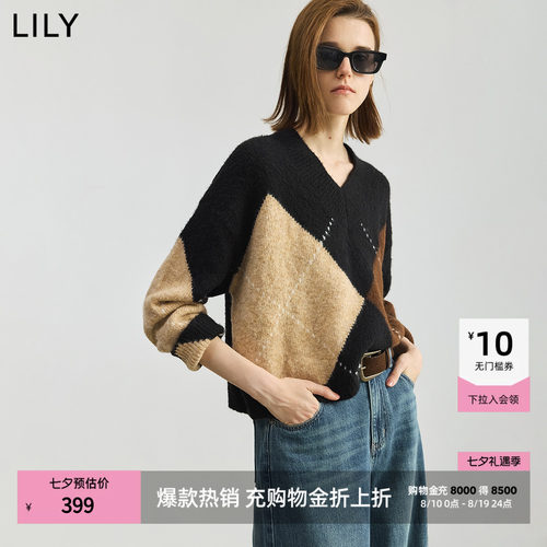 LILY提花撞色学院风复古针织衫