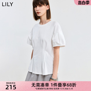 百搭设计感收腰泡泡袖 LILY2024夏季 基础款 纯色圆领T恤女 新品 短袖