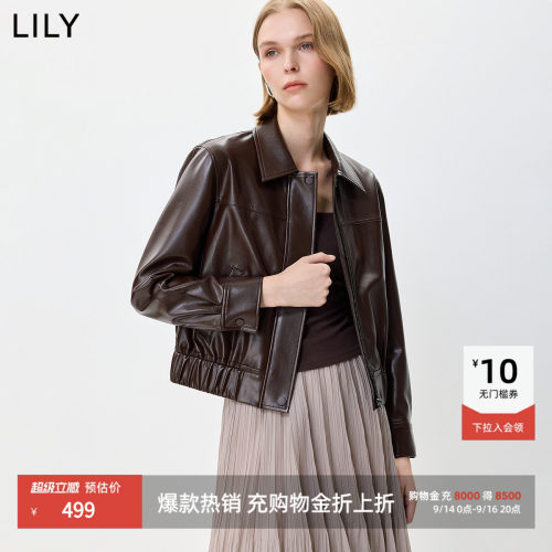 LILY短款通勤百搭翻领PU夹克外套