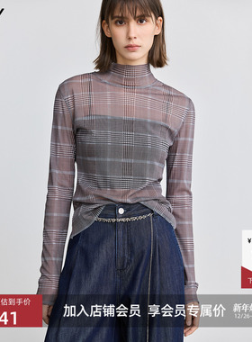 【商场同款】LILY2025春新款设计感摩登高领灰色长袖T恤女打底衫