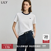 LILY2025新款 纯棉撞色针织圆领正肩休闲通勤白色短袖 T恤女上衣