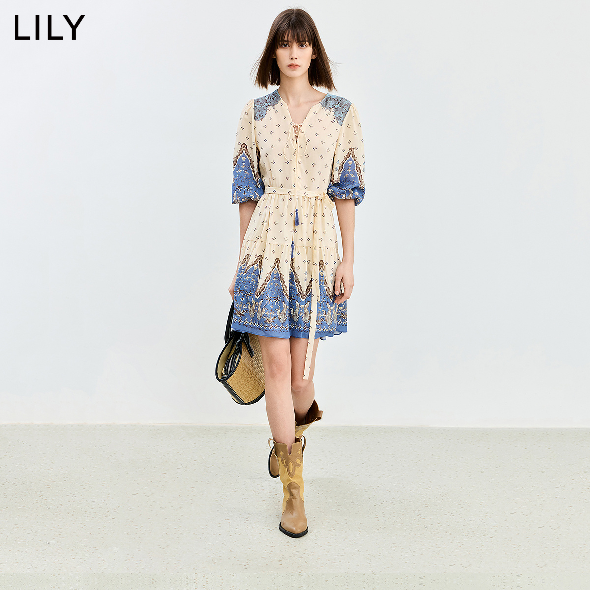 【商场同款】LILY2024夏新款女装复古时尚莱赛尔印花设计感连衣裙