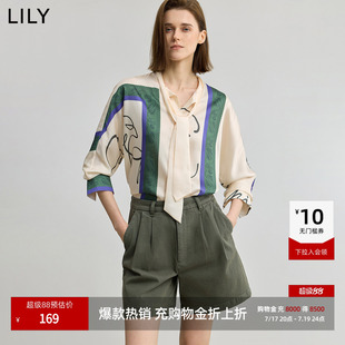 【商场同款】LILY2025新款女装复古飘带领印花休闲长袖衬衫外套