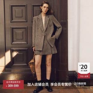 LILY2026新款女装绵羊毛混纺老钱风人字纹驳领廓形通勤西装外套