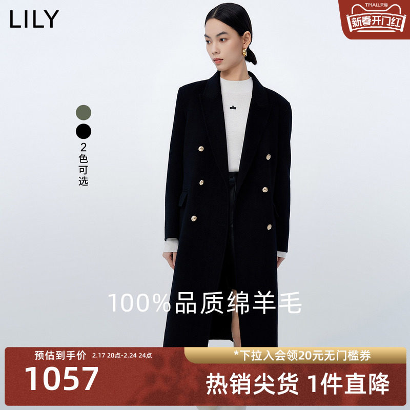 LILY2023冬新款女装全绵羊毛复古双排扣气质通勤长款毛呢外套大衣