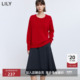 LILY2025冬新款 羊毛混纺复古假两件休闲落肩套头红色针织衫 毛衣女