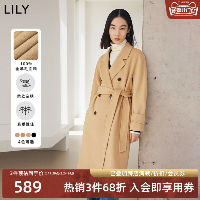 Lily/丽丽毛呢外套装新款经典收腰长款羊毛双面呢大衣女黑
