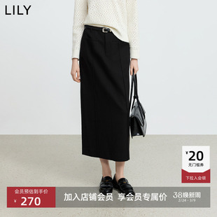 LILY2025冬新款女装含羊毛弹力显瘦气质职业通勤黑色直筒裙半身裙