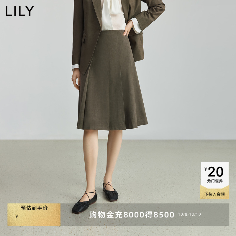 LILY通勤女高腰学院风格纹百褶裙
