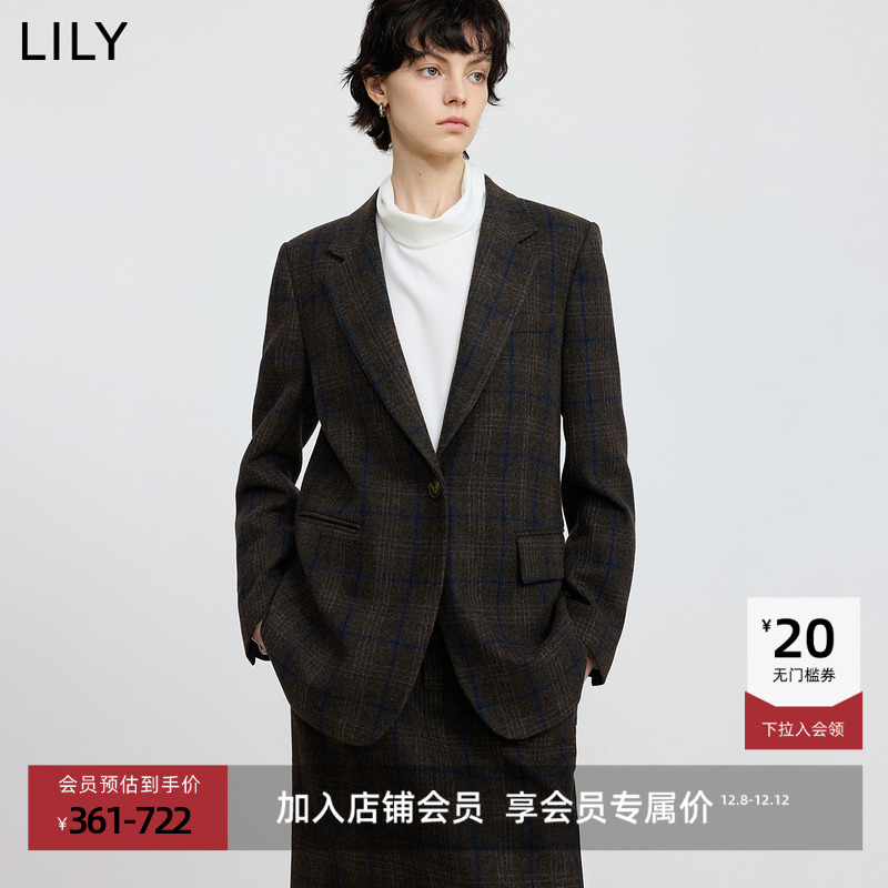 LILY羊毛混纺通勤格纹学院风西装