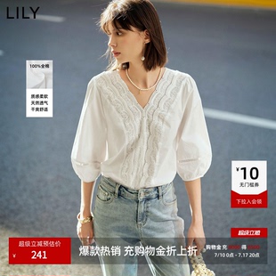 LILY春夏新款 套头雪纺衬衫 掐腰蕾丝白色上衣泡泡短袖 全棉法式 女装