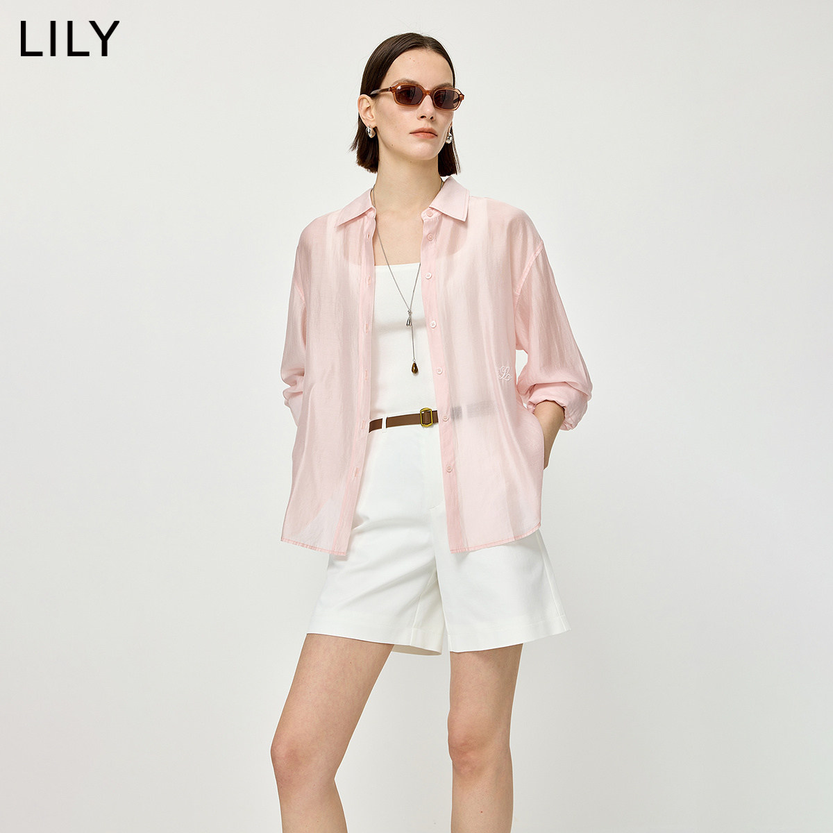 LILY2026夏新款莱赛尔桑蚕丝混纺翻领宽松薄款纯色长袖衬衫外套女