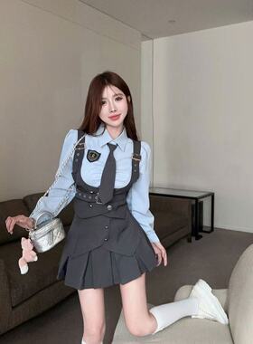 学院风三件套美式收腰马甲长袖衬衫女春秋百褶短裙jk制服套装