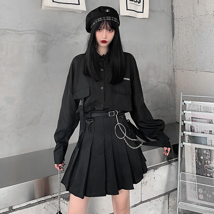 jk夏季高腰a字黑色衬衫半身裙