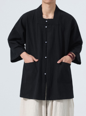 中国风棉麻七分袖衬衫男复古唐装开衫外套宽大码中式禅意茶服上衣