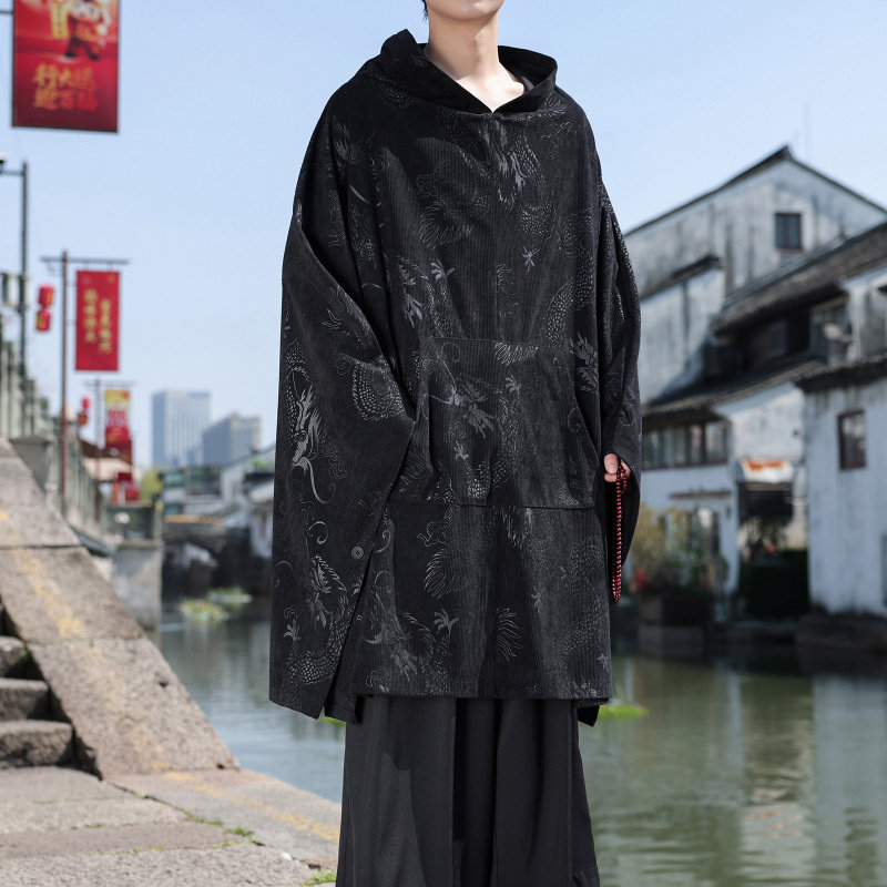 中国风男装禅修太极服青年大码斗篷秋加厚套头披风中长袍加厚外套