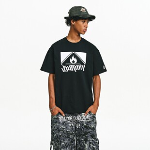 BURNIN 短袖 t恤潮流半袖 休闲百搭 方片小火苗logo情侣宽松夏季